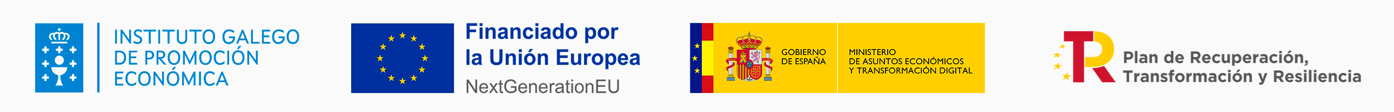 Logotipos entidades financiadoras: IGAPE, UE, Ministerio de asuntos económicos y trasnformación digital del Goberno de España, Plan de recuperación, Transformación y resilencia